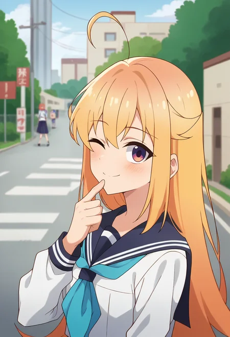 score_9, score_8_up, score_7_up, source_anime, masterpiece, 1girl, ct_k0shi, serafuku, blue sailor collar, blue neckerchief, puffy long sleeves, miniskirt, looking at viewer, outdoors, depth of field, sunny, city, shiny skin, portrait, cowboy shot, hand on chin, happy, one eye closed, blush, <lora:Koshi_Torako_Pony_ct_ver2:0.9>