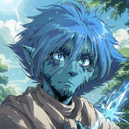 (masterpiece), 2D animation, 90s anime style, detailed face, expressive eyes, blue magic,
1man looks like Zelgadis, has blue skin, determined expression,
casting spell, magical energy,
detailed background, vibrant magical forest, daytime, sunshine, summer,
(medium shot:1.2),
<lora:Zelgadis001:0.8> zelgadis, blue skin
<lora:muscle_slider_v1:-1>, <lora:weight_slider_v2:-1>
<lora:Concept - Cryomancer:0.4>