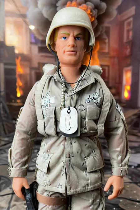 <lora:GI_Joe_Duke_SDXL:1> GI Joe Duke wearing army uniform and helmet, standing in a war zone, buildings, fire, smoke