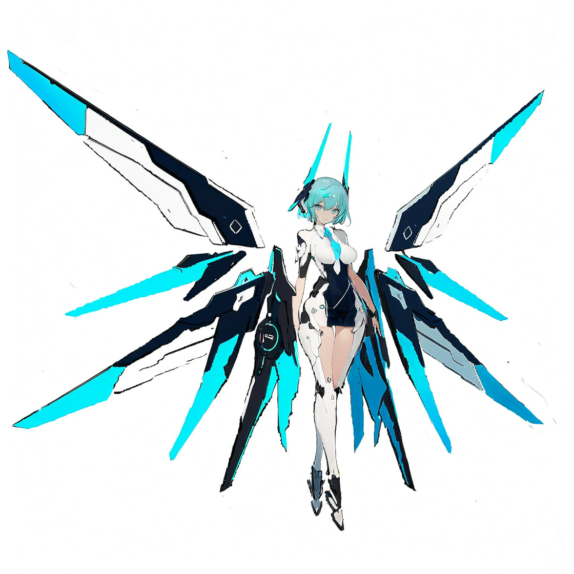 8k, best quality, masterpiece, (ultra-detailed:1.1), 
<lora:jijiav2-a3-Tanger:0.8>, jijia, 2d, anime, 1girl, sketch, solo, blue hair, white background, blue eyes, short hair, wings, mechanical wings, necktie, simple background, mecha musume, science fiction, closed mouth, looking at viewer, breasts, floating,a drawing of a woman with large wings,an illustration of a girl with long wings
