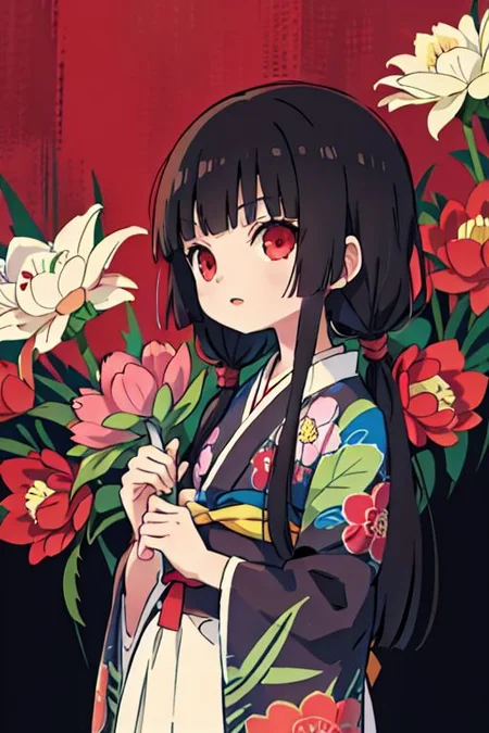 enma ai, hair down, hair black, bangs, eyes red, masterpiece, best quality, ultra-detailed, illustration, 1girl, solo, highres, photorealistic, ultra high res, (Original illustration composition), (fusion of limited color,Maximalism artstyle, kimono obi fashion, double exposure, background, illustration, Amazing, lily spider, night darkness, open one's mouth, finger, bouquet flowers red, low twintails, (polychromatic peony:1.15), Movie poster,