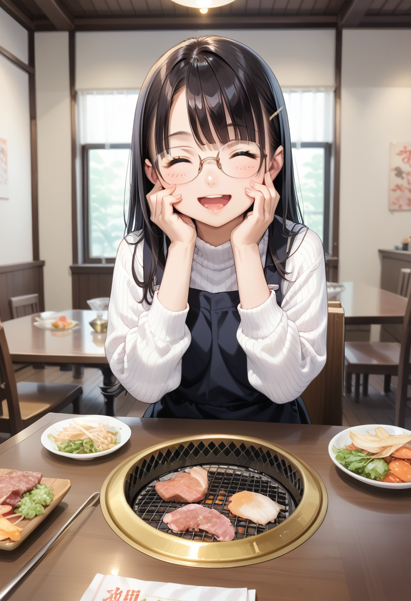 score_9, score_8_up, score_7_up, rating_safe, masterpiece, best quality, absurdres, unity 8k wallpaper, official art, official style, source_anime, game cg, megami magazine,
1girl, solo, glasses, black hair, long hair, white ribbed sweater, black apron,  happy, smile, looking at viewer, closed eyes, open mouth, sitting, across table, own hands together, hands on cheek,
smokeless_roaster, grill, japan, food, indoors, table, wooden floor, chair, sign, light, ceiling light, yakiniku, 
<lora:yakiniku_pony_V1:1>
