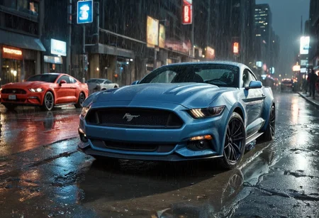 masterpiece,absurdres,8k,ford mustang, hyper realistic,shiny,ultradetailed,night,city center,rain,unreal engine,The image of the car is reflected in the puddle on the ground