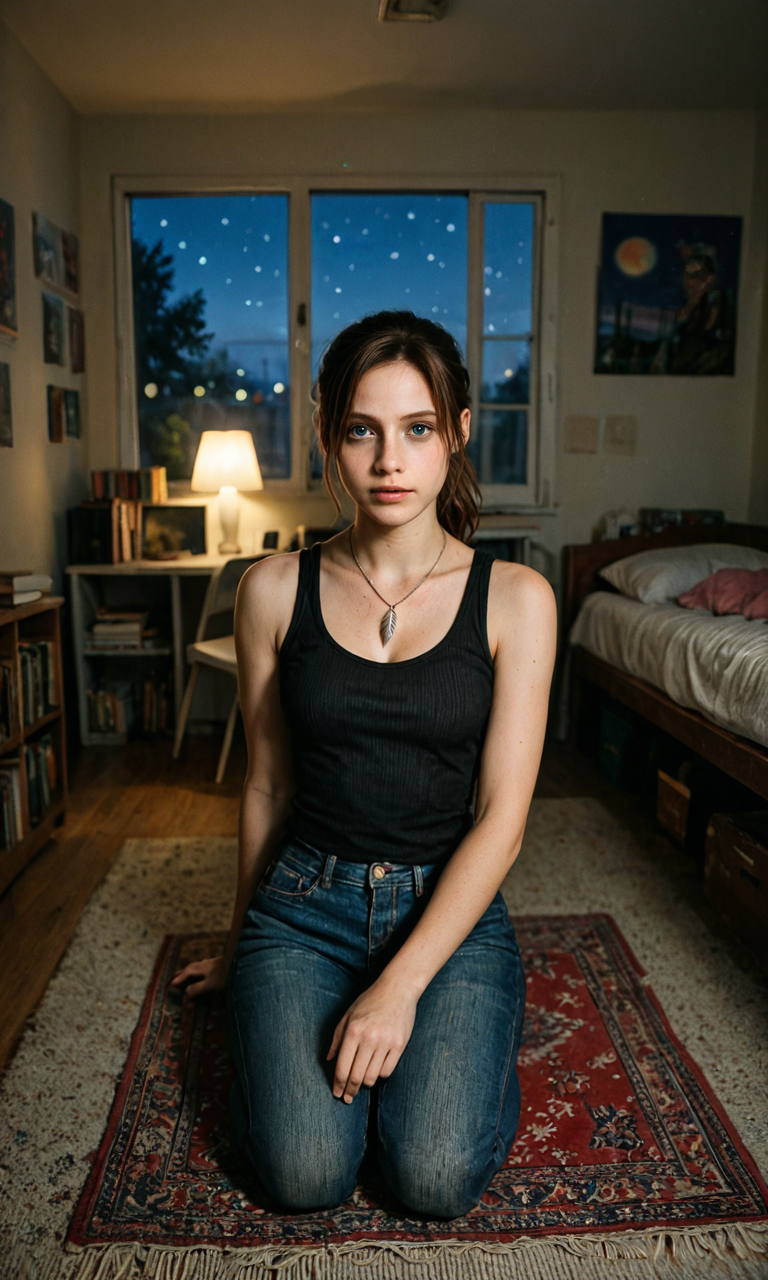 embedding:Stable_Yogis_Illustrious_Positives, RAW photograph, photorealistic, masterpiece, 1girl, solo, claire redfield, brown hair, blue eyes, parted bangs, ponytail, brown hair, bare shoulders, feather necklace, dark tank top, jeans, outdoors, night, indoors, night, dorm room, window, night, stars, carpet floor, messy room, text books, desk, chair<lora:claire_redfield_sdxl.safetensors:1.0:1.0>