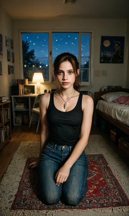 embedding:Stable_Yogis_Illustrious_Positives, RAW photograph, photorealistic, masterpiece, 1girl, solo, claire redfield, brown hair, blue eyes, parted bangs, ponytail, brown hair, bare shoulders, feather necklace, dark tank top, jeans, outdoors, night, indoors, night, dorm room, window, night, stars, carpet floor, messy room, text books, desk, chair<lora:claire_redfield_sdxl.safetensors:1.0:1.0>