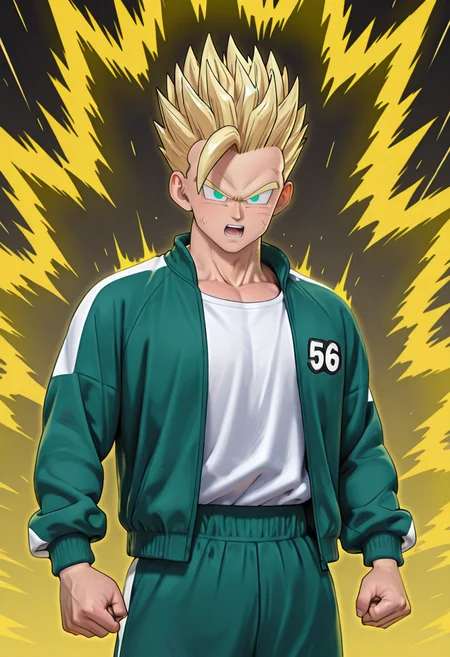 masterpiece,best quality,amazing quality,very aesthetic,absurdres,newest, highres,very awa,  <lora:Gohan_DBS_Super_Hero_-_Super_Saiyan_-_Illustrious-000006:1>, 1boy, DBSSHSSGohan, son gohan, super saiyan, spiked hair,  blonde hair, aqua eyes, no pupils,v-shaped eyes, v-shaped eyebrows, open mouth, serious, yellow aura, clenched hands, <lora:squidGameOutfit_Illustrious-09:1>, squidgamesoutfit, jacket, green jacket, shirt, white shirt, pants, green pants, upper body,