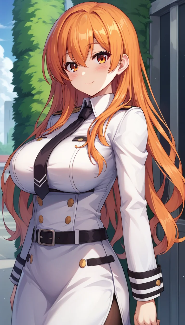 score_9,score_8_up,masterpiece,best quality,correct anatomy,anime_source,1girl,solo,perfect eyes,perfect arms,perfect legs,perfect face,outdoors,upper body,(portrait:1.5),looking at viewer,facing viewer,smile,blush,Mariel Esthereed,long hair,orange hair,sidelocks,hair between eyes,bangs,orange eyes,uniform,black necktie,white jacket,white shirt,long sleeves,large breasts,long skirt,white skirt,side slit,black pantyhose,high heels,white footwear,<lora:Milfina Sol Eleanord(uq)-Pony:1.2>,