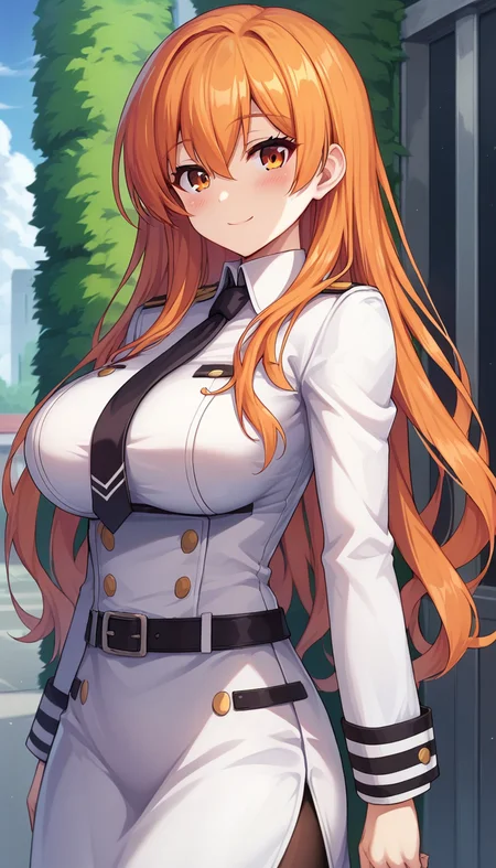 score_9,score_8_up,masterpiece,best quality,correct anatomy,anime_source,1girl,solo,perfect eyes,perfect arms,perfect legs,perfect face,outdoors,upper body,(portrait:1.5),looking at viewer,facing viewer,smile,blush,Mariel Esthereed,long hair,orange hair,sidelocks,hair between eyes,bangs,orange eyes,uniform,black necktie,white jacket,white shirt,long sleeves,large breasts,long skirt,white skirt,side slit,black pantyhose,high heels,white footwear,<lora:Milfina Sol Eleanord(uq)-Pony:1.2>,