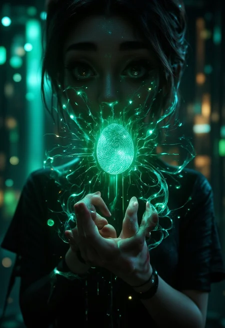 Emo woman upper body face close up. A hyper-detailed, futuristic close-up of a human fingertip illuminated by a soft green glow, revealing a complex, holographic circuit pattern etched into the skin, resembling a digital fingerprint. The intricate lines and nodes of the circuitry shimmer with a faint white and blue light, symbolizing advanced biometric technology. Surrounding the finger, a semi-transparent user interface displays scanning progress indicators, synchronization bars, and faint text overlays, adding to the high-tech aesthetic. The background is softly blurred, suggesting a sleek, digital environment while emphasizing the focus on the finger and its augmented details. <lora:aidmaFLUXPro1.1-FLUX-v0.3.safetensors:1.0>,  <lora:Dark side of light.safetensors:0.55>, <lora:Glitchcore_Flux.safetensors:0.8>,