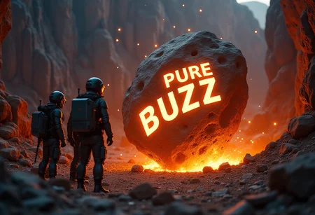 A glowing meteorite labeled "Buzz Core" has crashed into a barren alien landscape, creating a deep crater. Adventurers in high-tech suits gather around, their equipment glowing as they study the energy radiating from the rock. The meteorite pulses with holographic letters spelling "Pure Buzz", casting an eerie yet captivating light on their awe-stricken faces. <lora:None:1>