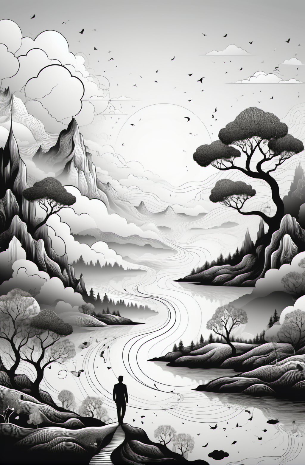 line art drawing Explore a hidden realm where dreams take physical form,and dreamers can navigate their own dreamscapes. Picture surreal landscapes,floating emotions,and the exploration of the subconscious mind,a concise picture,
<lora:xl_more_art-full_v1:1>,, (((masterpiece))),(((best quality))),((ultra-detailed)) . professional, sleek, modern, minimalist, graphic, line art, vector graphics