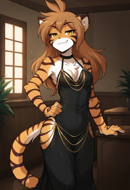 score_9, score_8_up, score_7_up,score_6_up,score_5_up, source_furry
BREAK
solo, furry female anthro, long hair, small breasts, (seductive, smug), black dress, cleavage, clothing cutout, gold chain, halter dress, hip vent, meme attire, modakawa dress, (indoors), finger claws
BREAK
<lora:Flora-Twokinds-SDXL-AnonTK-V3:0.8>, flora-twokinds, keidran, mammal, tiger tail, yellow eyes, <lora:modakawa_dress:1>, <lora:p:0.25>