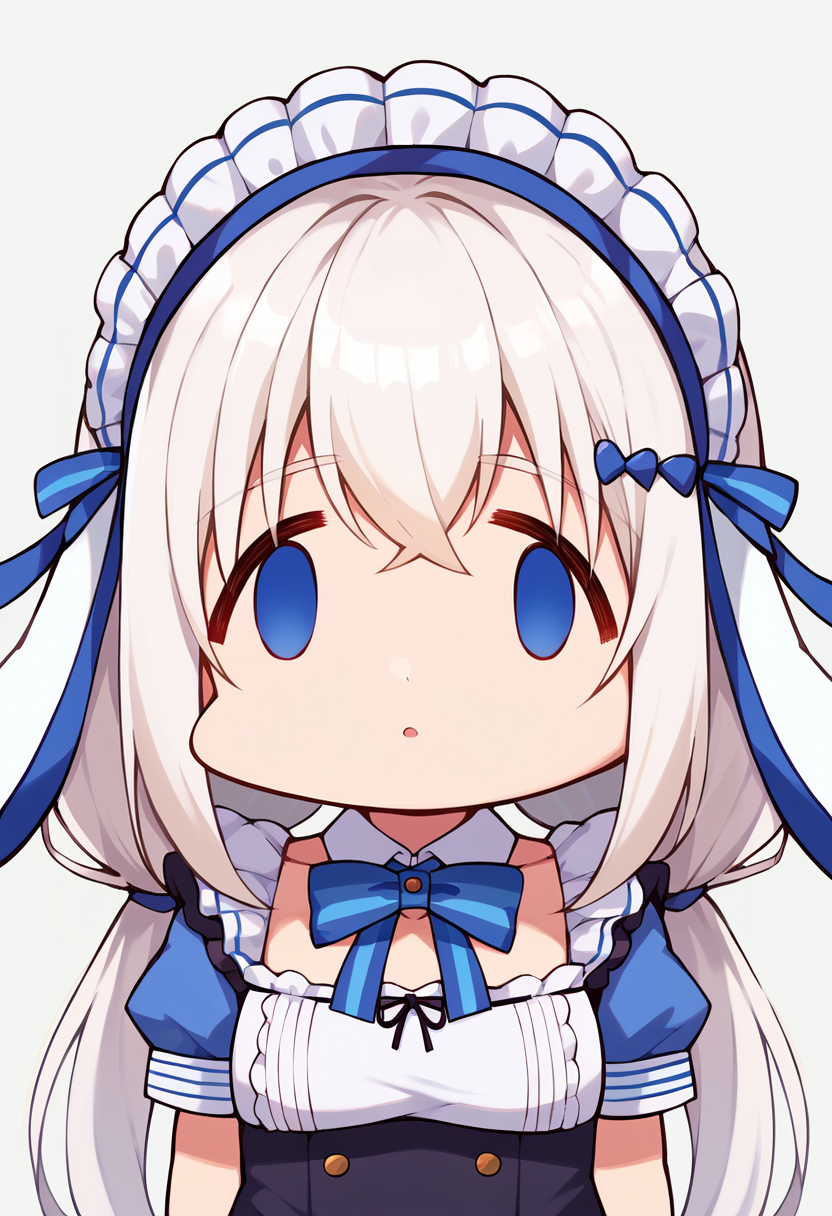 <lora:TenshiNano:1> angel nano, maid headdress, animal ears, blue eyes, rabbit ears, maid, long hair, white hair, twintails,   <lora:facefxv1:1> facefx, empty eyes, open mouth, chibi, meme, score_9, score_8_up, score_7_up, source_anime,