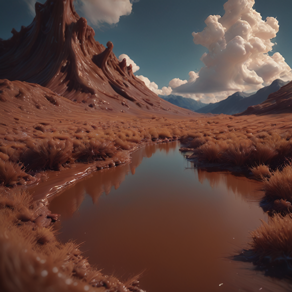 <lora:Chocoslime_DX_V9_-_Pony_Realism_v2.2:1>, score_9, score_8, score_7, chocoslime, chocoslimelake, chsllake, lake, chocolate lake, mountain lake, grass, blue sky, white clouds, brown water, 4K, UHD image, oustanding art, high quality, rich details, background blurred