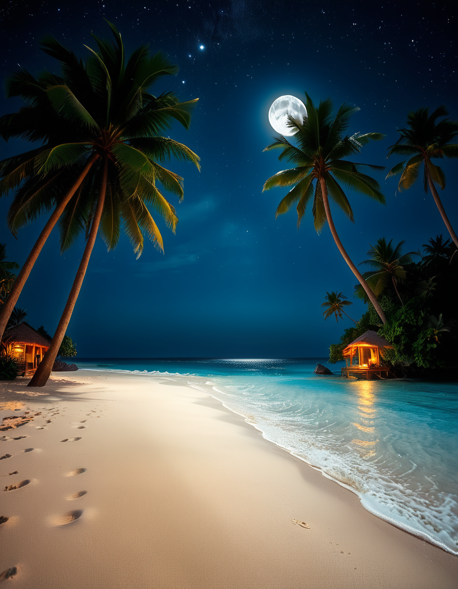 A breathtaking tropical beach at night, illuminated by the soft glow of the moon and twinkling stars. The ocean waves gently lap against the shore, reflecting silver moonlight. Tall palm trees sway slightly in the warm night breeze, their silhouettes contrasting against the deep blue sky. The sand appears smooth and slightly damp, glowing under the moonlight. In the background, distant islands are faintly visible on the horizon, their outlines softened by a light mist. The sky is filled with a mesmerizing display of stars, with the Milky Way faintly visible. The atmosphere is tranquil and serene, evoking a sense of peace and wonder. The image has a high level of detail, realistic textures, and a dreamy cinematic quality.
<lora:SDXLFaeTastic2400:0.4> <lora:extremely_detailed:0.4> extremely detailed,  <lora:tropical_beach_4t_n1ght:1>,tropical beach 4t n1ght, Masterpiece,best quality,hi res,8k,hi res,8k,award winning,(sharp focus, intricate, highly detailed),