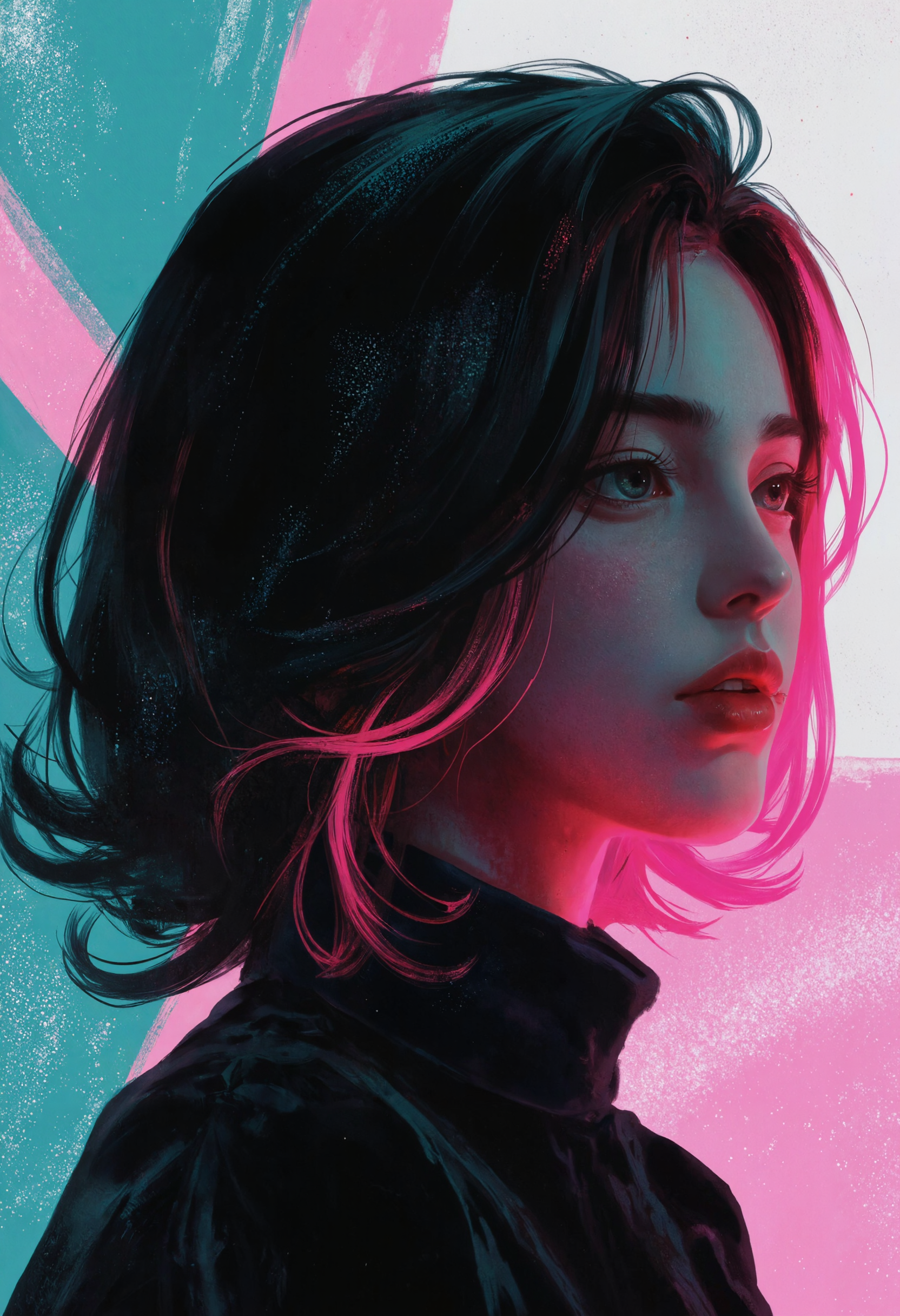 p0st_1mp4ct style, impasto, Silhouette of a young woman, profile view, with vibrant, stylized features. Dark, flowing hair with streaks of hot pink, contrasted against a backdrop of swirling, teal and magenta abstract forms. The woman's expression is serene, her gaze directed off to the side. Dark, solid forms create her silhouette. Vibrant teal and magenta abstract shapes swirl around her, creating a dynamic, almost ethereal atmosphere. Deep blacks and dark blues dominate the color palette. Bright magenta and teal highlights add a pop of color, and create a striking contrast. The composition emphasizes the silhouette and the surrounding abstract design, suggesting a dreamy, futuristic, or anime-inspired aesthetic. The piece utilizes a bold, expressive style reminiscent of graphic design and anime art. Texture appears fluid, with abstract, painterly brushstrokes that suggest movement and energy. Atmospheric lighting creates a strong contrast between light and shadow, emphasizing the silhouette. The perspective is a three-quarter profile shot, focusing on the woman's features and posture <lora:Evangelion_Post-impact_Apocalyptic_Style_Flux.1_D_by_AutoPastel-000019:0.38> <lora:Hand v2:0.94> <lora:Dark_Gray_Photography_flux:0.16> <lora:GDX_impasto:0.75> <lora:Mystic_Vision_Flux_V1.0:0.60>