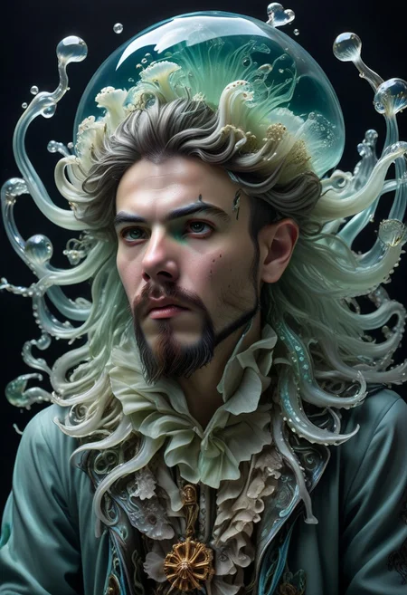 long mid shot portrait photography of an ethereal young pirate man, fairytale aesthetic. light green sheme, Photorealistic, intricate details, realism, sfw, ultrasharp, photography, floating, water, under water, jellyfish, haute couture, tentacles, bioluminescence