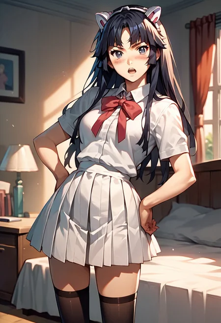 score_9,score_8_up,score_7_up,source_anime, tsugumi (guilty crown),1girl,solo,looking at viewer,blush,open mouth,thighhighs,dress,ribbon,school uniform,black thighhighs,indoors,zettai ryouiki,bed,hands on hips,fake cat ears,