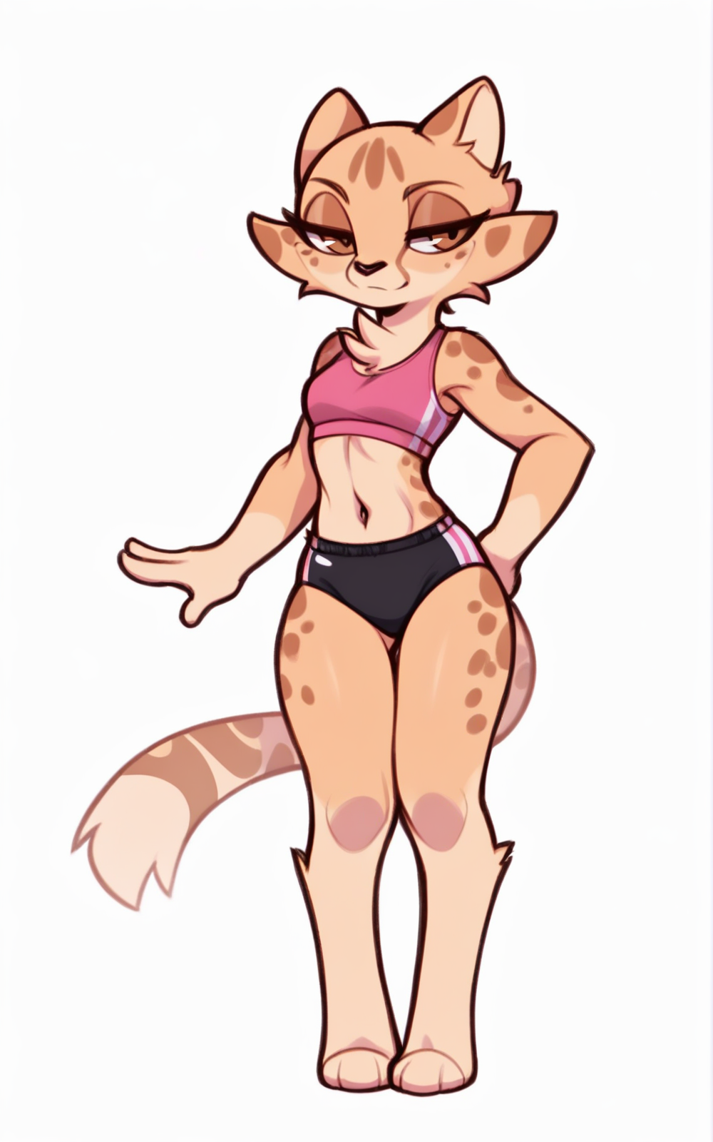 best quality, absurdres,full body, <lora:BolivanteStyleITS:0.8>,  <lora:AELKITS:0.8>, AELKITS, buruma, black buruma, tail, midriff, navel, sports bra, pink sports bra, brown eyes, furry female, furry, animal ears, half-closed eyes, body fur, animal nose, multicolored fur,solo, slim, white background, standing, cat tail