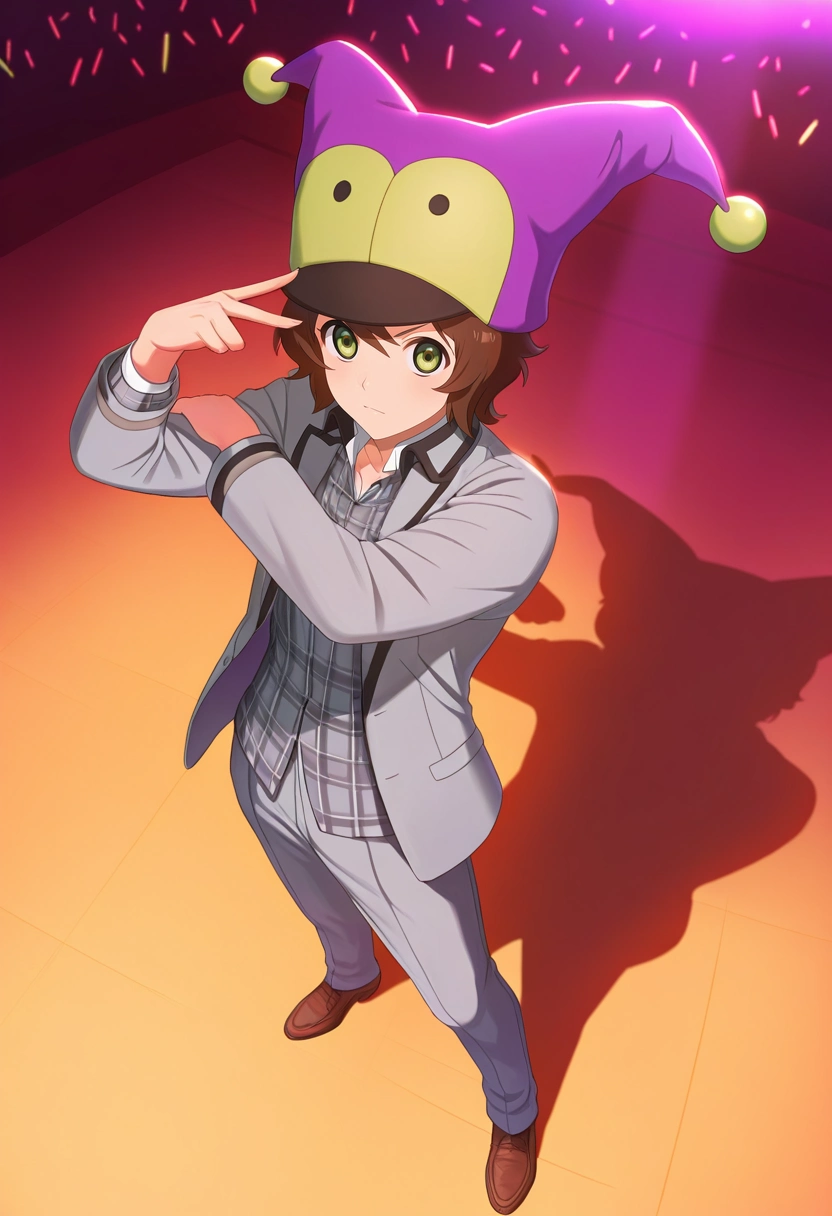 masterpiece, best quality, , semi-realistic, looking at viewer, 1boy, solo, male focus, <lora:yoichi_saotome_ilxl:0.96>, yoichi_saotome, brown hair, green eyes, short hair, grey jacket, school uniform, from above, concert, noon, pose, relaxed, Chenille Cargo jogger pants, Plaid shirt, Dress shoes, Jester hat, and