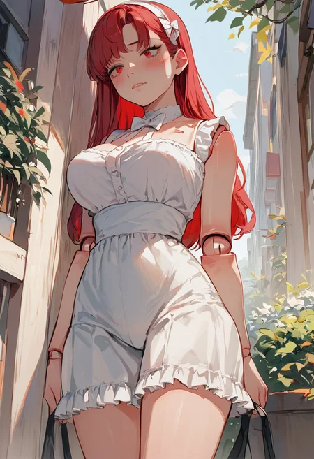 score_9_up, score_8_up, score_7_up, source_anime, easynegative, outdoors, 1girl, (skinny girl:0.75), robot, (doll joints:1.2), long red hair, red eyes, large breasts, wide hips, large butt, thick thighs, white bow, white frilly sleeveless dress, blushing, standing,