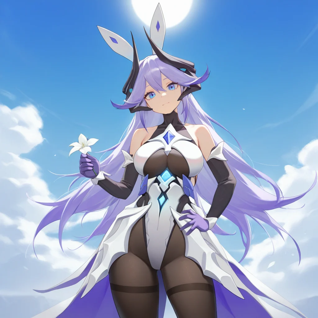 masterpiece, best quality, ultra-detailed, very asthetic, year 2023, very aesthetic, newest, scenery, highres, 4k, absurdres, 8k, colorful,vibrant, glowing, perfect face, 2d, perfect eyes, detailed eyes, 1girl, solo, standing, hand on hip, holding flower, gentle smile, looking at viewer, cowboy shot, head tilt, foreshortening, detailed background, day, sun, sky, clouds, Bella, Bel_EL, blue eyes, black horns, fake animal ears, harp, rabbit ears, instrument, bodystocking underboob, purple hair, purple gloves, chest gem, black sleeves, long sleeves, detached sleeves, white bracelet, bare shoulders, jewelry, gem, covered breasts, covered collarbone, black pantyhose, bodystocking, turtleneck leotard, armored leotard, white armor, white leotard, underboob cutout, white skirt, armored skirt, thighband pantyhose, purple skirt, two-tone skirt,