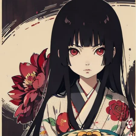 enma ai, hair down, hair black, bangs, eyes red, masterpiece, best quality, ultra-detailed, illustration, 1girl, solo, highres, photorealistic, ultra high res, (Original illustration composition), (fusion of limited color, Maximalism artstyle, kimono obi fashion, double exposure, background, illustration, Amazing, lily spider, night darkness, open one's mouth, flowers red, (polychromatic peony:1.15), Movie poster,