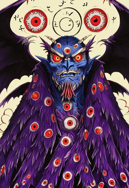 a japanese demon covered in eyes and wings with a circle behind him, llbreton anime screencap
