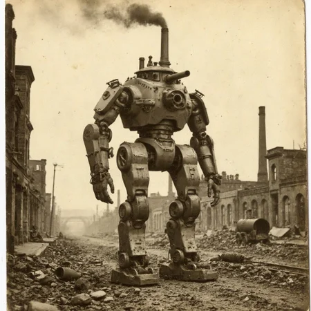 An aged worn sepia monochrome 1800s photograph of a steam powered mecha, turret with canon, walking robot, smokestacks up top, thick black smoke, walking through a war-damaged city,