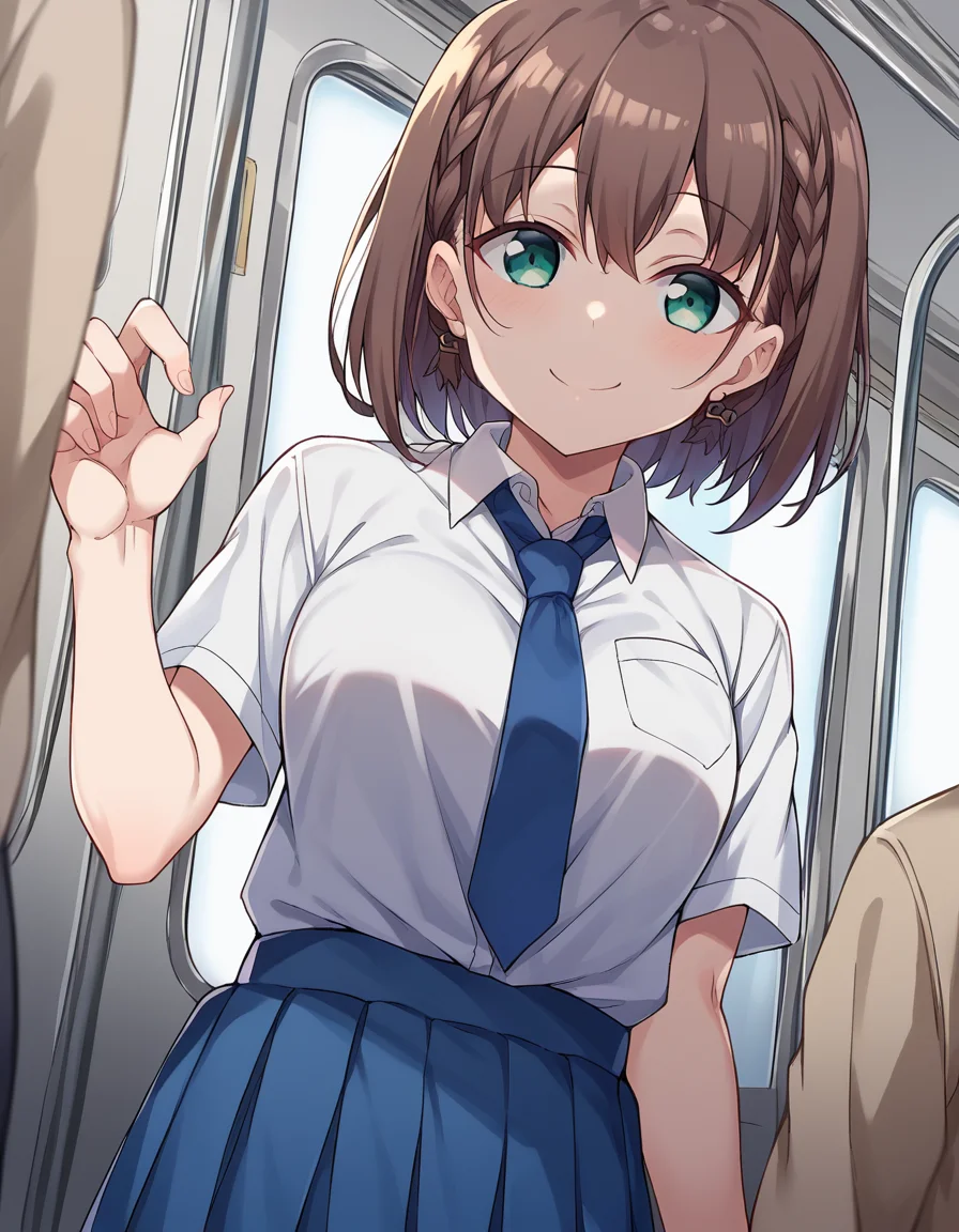 score_9, score_8_up, score_7_up, source_anime,
tawawaai, <lora:tawawa-ai-chan-ponyxl-lora-nochekaiser:1>,
ai, short hair, brown hair, green eyes, braid, side braid, smile,
skirt, shirt, jewelry, school uniform, white shirt, short sleeves, pleated skirt, earrings, necktie, collared shirt, blue skirt, blue necktie,
indoors, train, train interior,
looking at viewer, dutch angle, cowboy shot, dynamic pose,