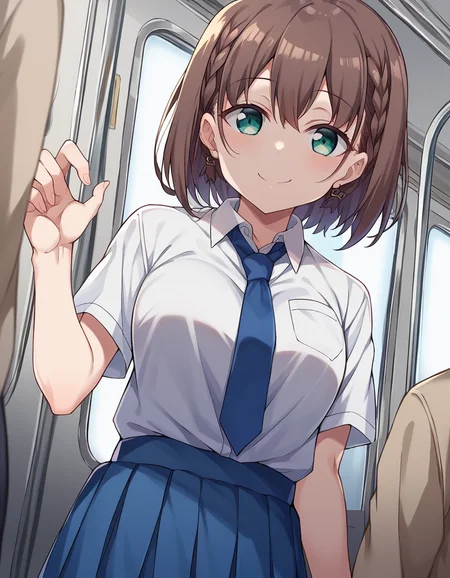 score_9, score_8_up, score_7_up, source_anime,
tawawaai, <lora:tawawa-ai-chan-ponyxl-lora-nochekaiser:1>,
ai, short hair, brown hair, green eyes, braid, side braid, smile,
skirt, shirt, jewelry, school uniform, white shirt, short sleeves, pleated skirt, earrings, necktie, collared shirt, blue skirt, blue necktie,
indoors, train, train interior,
looking at viewer, dutch angle, cowboy shot, dynamic pose,