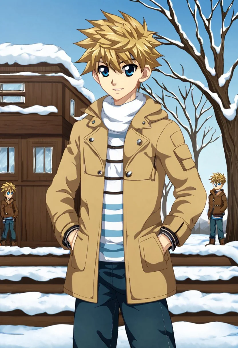 connor bleufin, blond hair, short hair, spiky hair, blue eyes, 1boy, solo focus, solo, alone, outdoor, sunny day, clear sky, snowy, hands in pocket