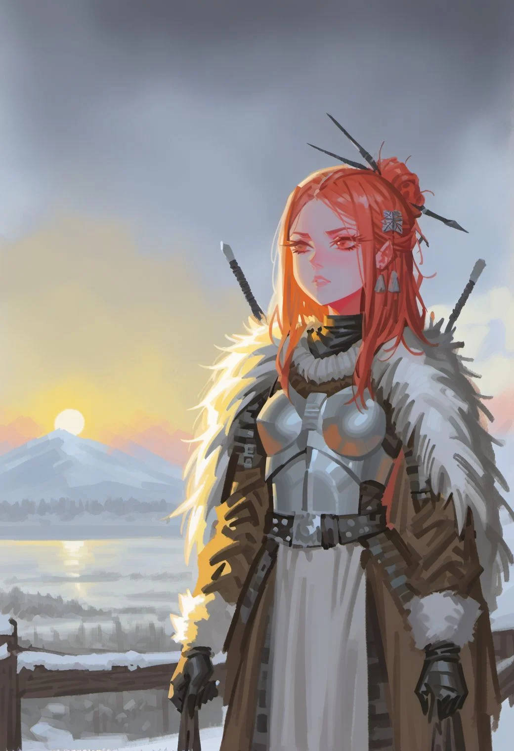 A fierce Mongol khan girl standing confidently next to a lake surounded by the steppes in the middle of winter, She is adorned in traditional Mongolian warrior armor, 
1girl, (petite:1.5), shoulder, standing, Mongolian outfit, hair ornament, fur trim, armor, leather garments, traditional clothes, regal, detailed background, open steppes, hills, dramatic sky, clouds, natural daylight, earth tones, hide armor, leather armor, vivid plumage, nsfw,
score_9, score_8_up, score_7_up, alphonsestyle,
<lora:fix_hands:1>, 
<lora:degenesis_v1:0.7> dgns 
<lora:dijor-v2:0.7> dijor, sketched