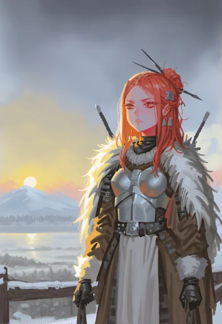 A fierce Mongol khan girl standing confidently next to a lake surounded by the steppes in the middle of winter, She is adorned in traditional Mongolian warrior armor,
1girl, (petite:1.5), shoulder, standing, Mongolian outfit, hair ornament, fur trim, armor, leather garments, traditional clothes, regal, detailed background, open steppes, hills, dramatic sky, clouds, natural daylight, earth tones, hide armor, leather armor, vivid plumage, nsfw,
score_9, score_8_up, score_7_up, alphonsestyle,
<lora:fix_hands:1>,
<lora:degenesis_v1:0.7> dgns
<lora:dijor-v2:0.7> dijor, sketched