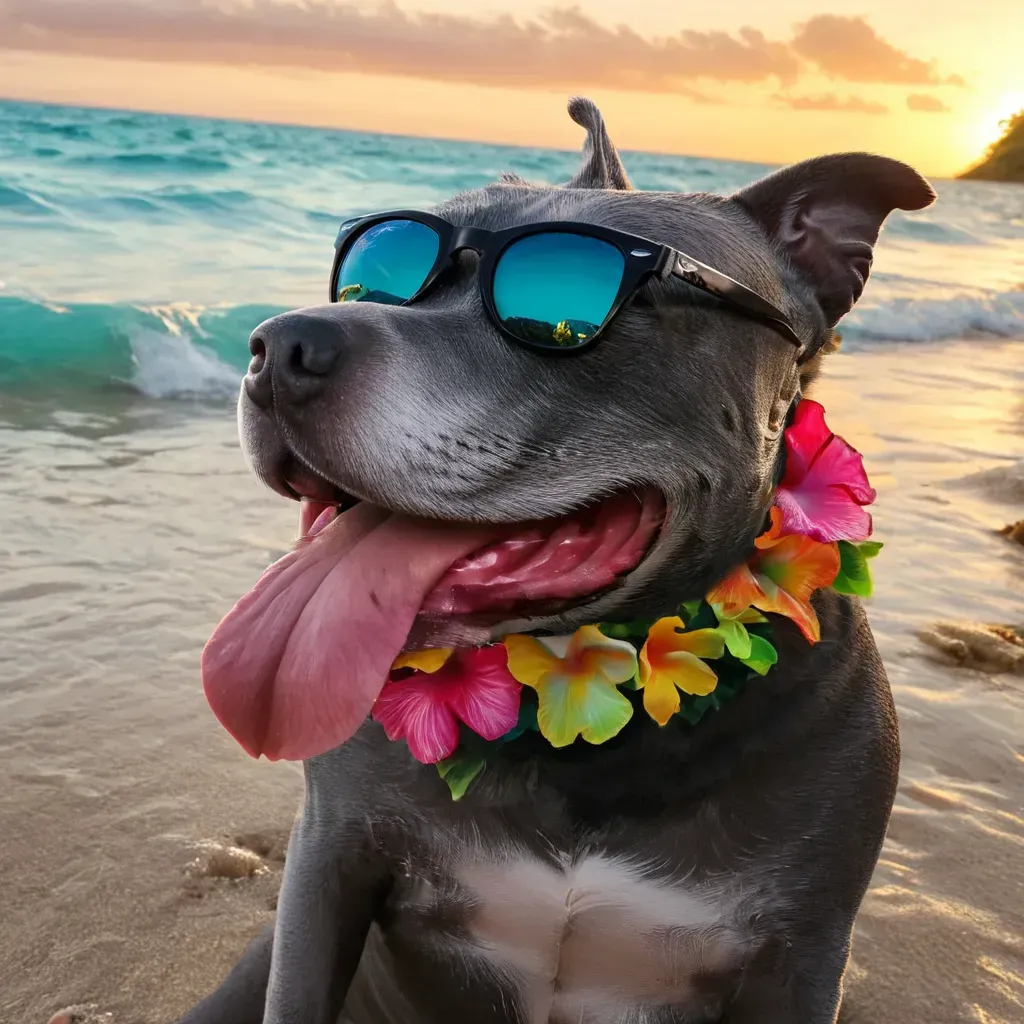 High Resolution side view photo of a happy Gray Pitbull Dog with his tongue hanging out, sitting on a beach near turquoise blue waves, wearing black wayfarer Rayban sunglasses, large red hibiscus flowery lei around neck, Skin Textures, (epic sunset:1.2) in the background, insane details, Cinematic, award winning photography <lora:Gray Pitbull Dog:1> <lora:add-detail-xl:1> <lora:iris-xl:0.4>