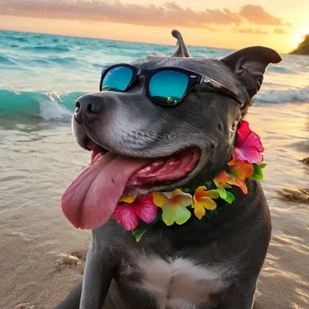 High Resolution side view photo of a happy Gray Pitbull Dog with his tongue hanging out, sitting on a beach near turquoise blue waves, wearing black wayfarer Rayban sunglasses, large red hibiscus flowery lei around neck, Skin Textures, (epic sunset:1.2) in the background, insane details, Cinematic, award winning photography <lora:Gray Pitbull Dog:1> <lora:add-detail-xl:1> <lora:iris-xl:0.4>