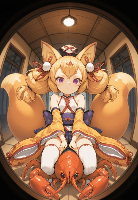 masterpiece,best quality,
izuna_ayrb,fox girl, twintails,gold hair, hair ribbon, hair ornament,purple eyes, thick eyebrows, short eyebrows, round eyebrows, fluffy tail, animal ears, fox ears,kimono,underboob,long sleeves,detached sleeves, wide sleeves, bare shoulders,red ribbon,thigh highs,small breasts,, pov peephole, riding lobster, fisheye