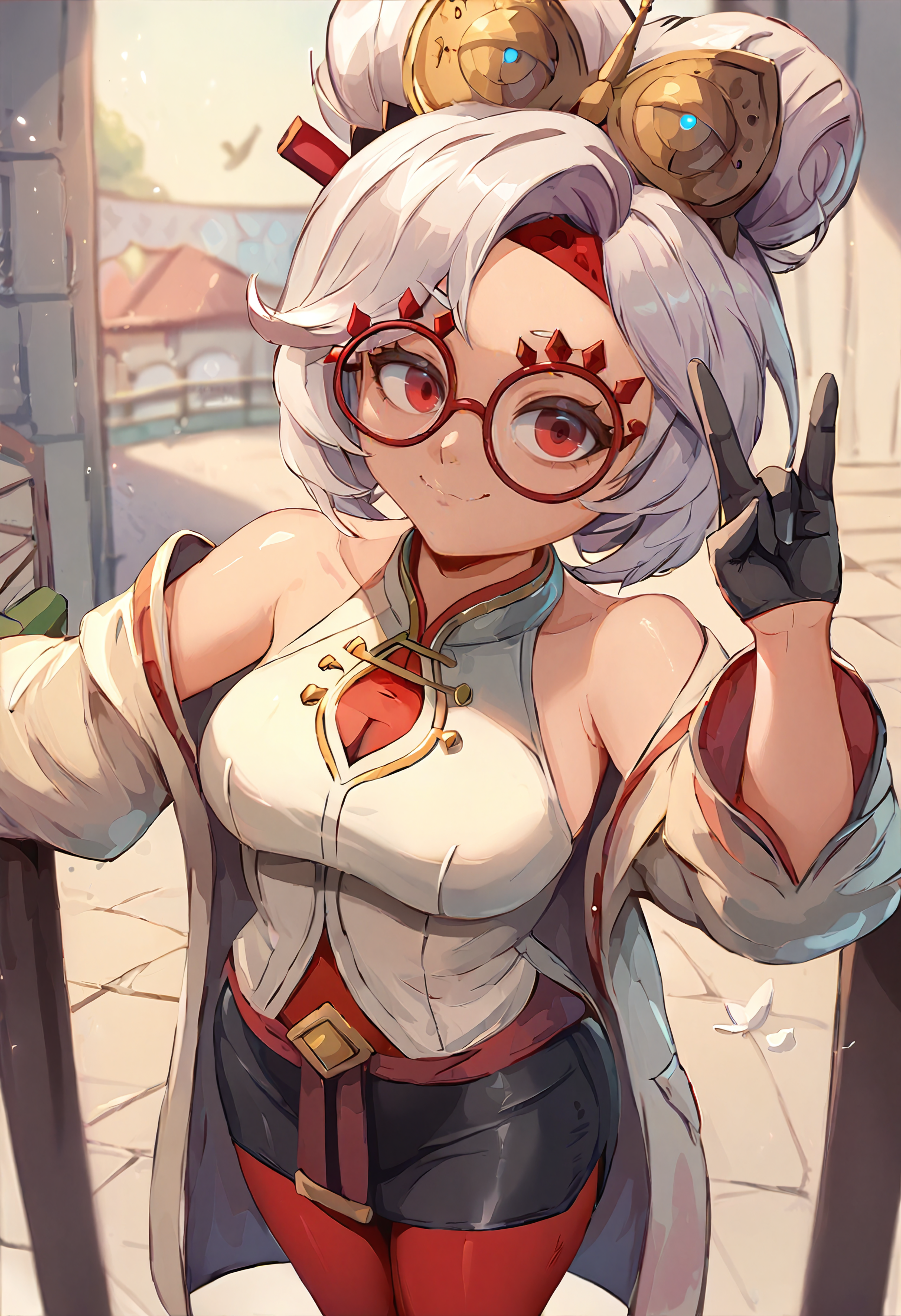 score_9, score_7_up BREAK 1girl,purah,hair ornament, red headband, red glasses, sleeveless shirt, white coat, black skirt, red leggings, gloves,white hair,red eyes,smug,closed mouth,looking at viewer,gesture  <lora:purah-pdxl-nvwls-v1:0.8> <lora:miraihikari:1>