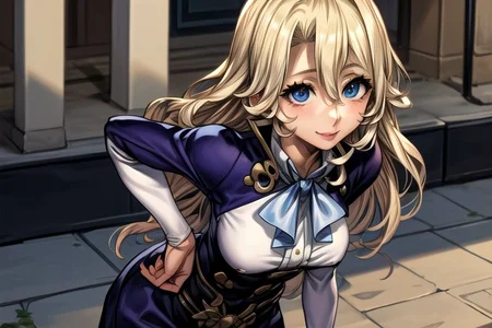masterpiece, Lily Kokoschka , best quality, best quality, ultra-detailed, highres,sharp focus,(ultra detailed,extremely detailed), 1girl,(masterpiece, best quality), LilyKOKOSCHKA, 1girl, solo, long hair, small breasts, blonde hair, Blue eyes, Deep Blue eyes, hair between eyes, uniform, ascot, wavy hair, eyes visible through hair, white ascot, Skirt, hungry clicker,  outdoors, street, cowboy shot, leaning forward, , brutal smile, Best Quality, masutepiece0Beautiful face0Strong-minded woman0