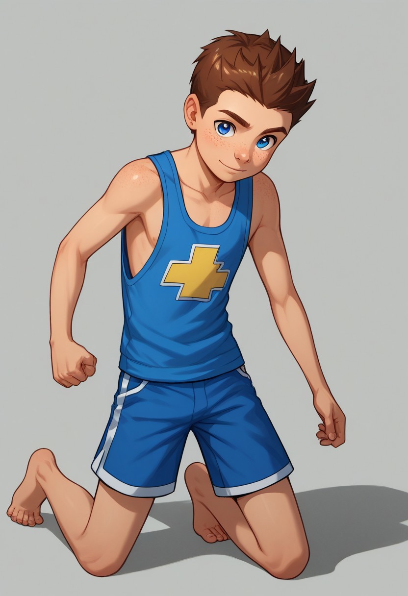 score_9, score_8_up, score_7_up, highly detailed, cute boy, 1boy, solo, young, Jack Power, Blue Eyes, Brown Hair, Freckles, Mass Master, tank top, shorts, barefoot