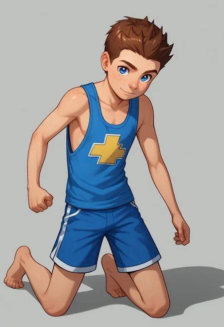 score_9, score_8_up, score_7_up, highly detailed, cute boy, 1boy, solo, young, Jack Power, Blue Eyes, Brown Hair, Freckles, Mass Master, tank top, shorts, barefoot