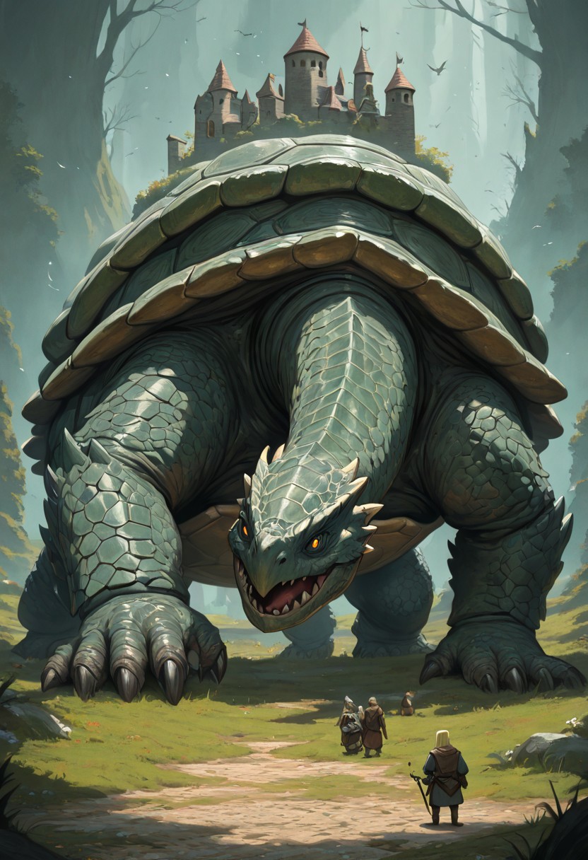 masterpiece, best quality, newest, absurdres, highres, DT-BOIB, DTV1.0, Turtle, Dragon, monster, no humans, medieval, fantasy,