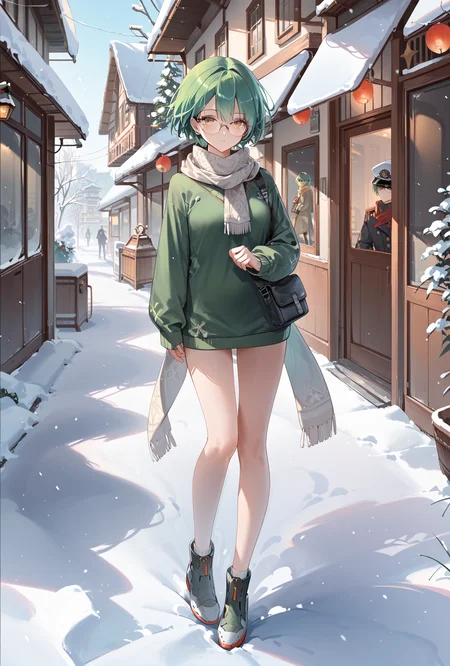 score_9, score_8_up, score_7_up,full body,
middle eastern architecture, street,
admiral nakhimov (azur lane), 1girl, green hair,yellow eyes, short hair,
sweater,snow,scarf,semi-rimless eyewear, <lora:NakhimovXLPony:0.9>