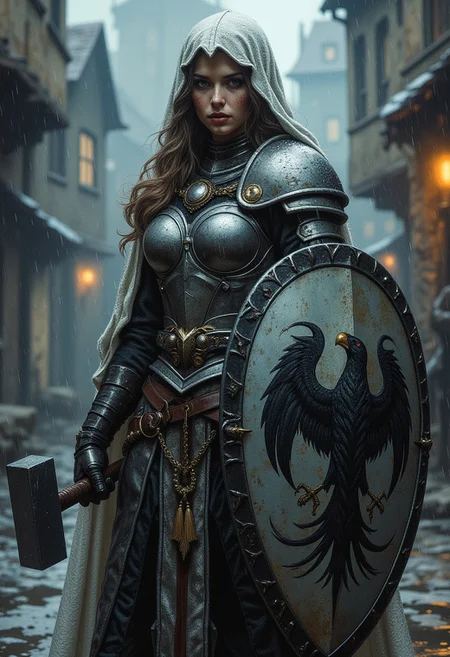 zealous charachter, holy charachter, Lady Liadrin, wearing dark silver armour, black ornaments, black ancient jewelry, standing upright, holdind a massive shield, shield has image of bird of prey, paladin, holy aura, with amulet around the waist. background is rainy day in old gloomy and foggy city, atmoshere of image is subtle and deep. The style is ethereal and artistic, soft lighting and shadows, the pose is natural, hands are realistic, cinematic warm lighting, high elf, woman, gorgeous, elf, female, snow-white cloak should have metallic-like texture, holds shield and hammer, the character is righteous and vigilant