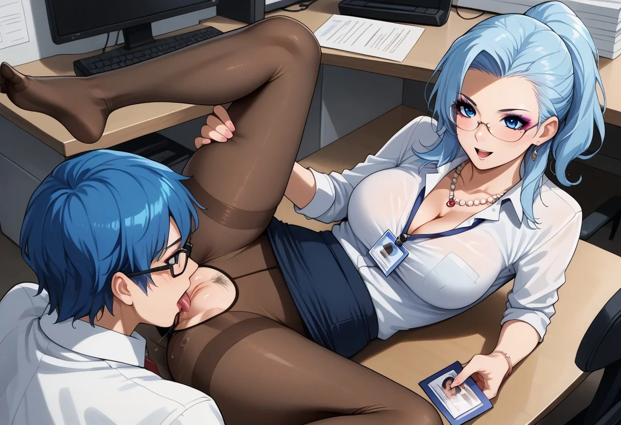 score_9,score_8_up,score_7_up,score_6_up, source_anime, best quality, masterpiece, depth of field, cinematic lighting, studio lighting, perfect anatomy, hetero, high quality, PWF2, femdom, cunnilingus, licks pussy, from above, 
1girl (naomi kimishima, medium hair, ponytail, blue hair, blue eyes, collared shirt, necklace, cleavage, pencil skirt, taut clothes, pantylines, pantyhose, no shoes, id card, glasses, eyeshadow, office, skindentation, dominant female, pussy juice, lies on her back)
BREAK
1guy (submissive male)
