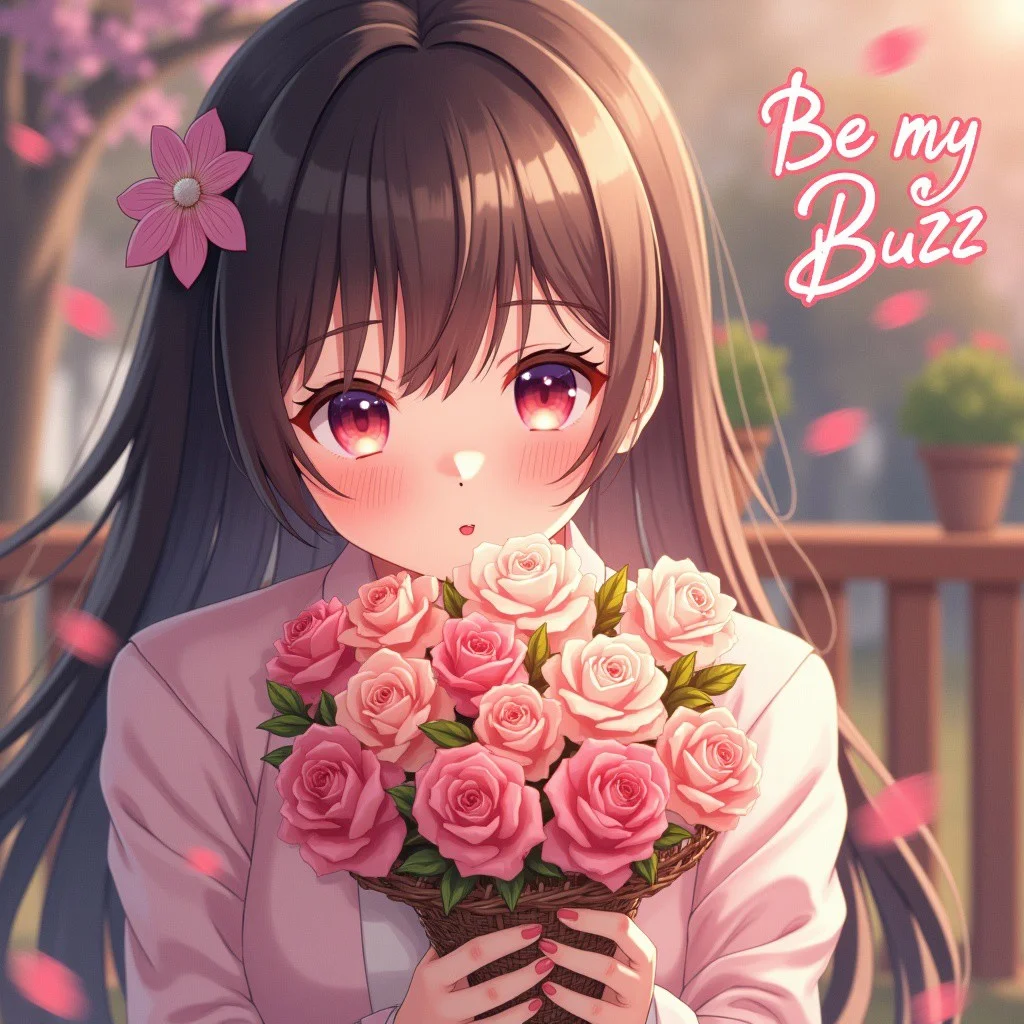 1female giving a flower banquet to viewer, looking at viewer, text says "Be my Buzz", cinematic angle shot, anime style, romantic theme, semirealistic, high resolution, precise, high detailed, 4k,