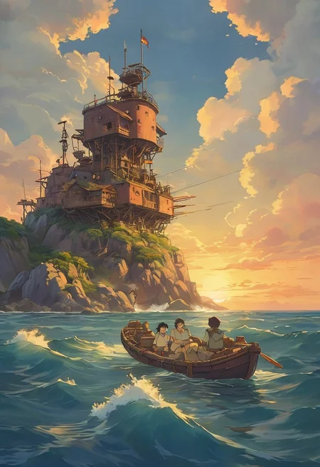 (studio ghibli drawing), (studio ghibli painting),best quality, masterpiece, extremely detailed,  professional  art,  professional painting, an extremely delicate and beautiful, dynamic,  great lighting, perfect shading, professional shading, depth of field,   side soft light, elegant, gorgeous, highly detailed,   full shot, uncropped,   pure genious, absolutely perfect,  highly detailed, breathtaking,  a massive floating raft as a base on the ocean in a postapocalyptic water world, a single island on the horizon, sunset