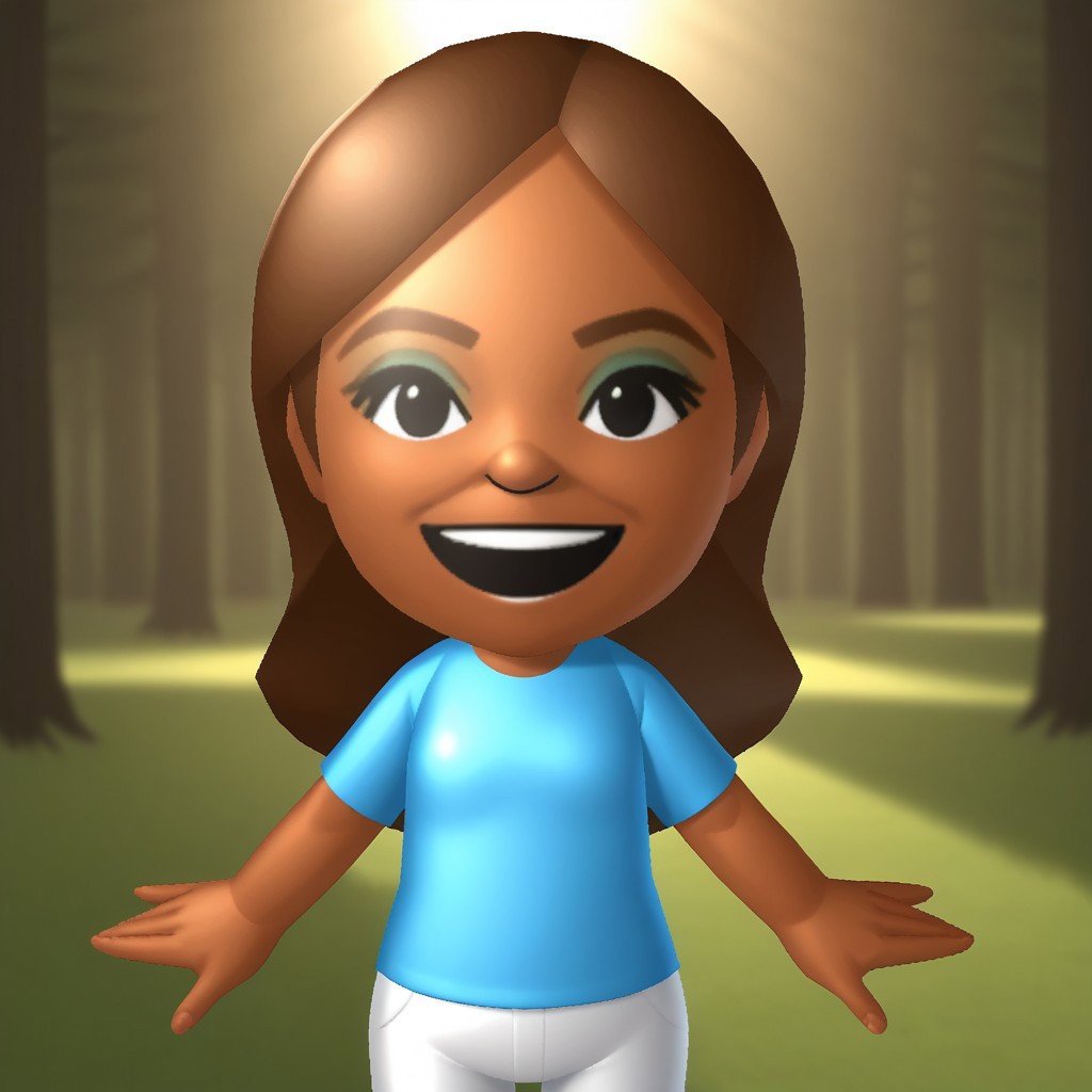 score_9, score_8, BREAK, solo, wii, mii, wii sports, 1girl, female mii, black eyes, brown hair, brown eyebrows,  blue eyeshadow, dark skin, open mouth, cyan clothing, white pants, sneakers, nintendo mii, modern_mii, classic_mii, breasts, haruka_(wii_sports), cute, sexy pose, smile, outdoors, sunlight, shadows, evening lighting, natural lighting, forest, trees, grass, orange sky, sunset