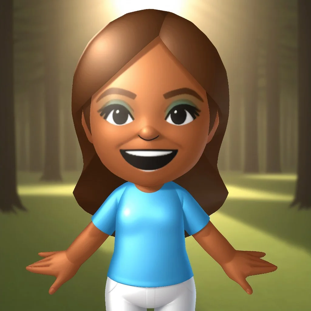 score_9, score_8, BREAK, solo, wii, mii, wii sports, 1girl, female mii, black eyes, brown hair, brown eyebrows, blue eyeshadow, dark skin, open mouth, cyan clothing, white pants, sneakers, nintendo mii, modern_mii, classic_mii, breasts, haruka_(wii_sports), cute, sexy pose, smile, outdoors, sunlight, shadows, evening lighting, natural lighting, forest, trees, grass, orange sky, sunset