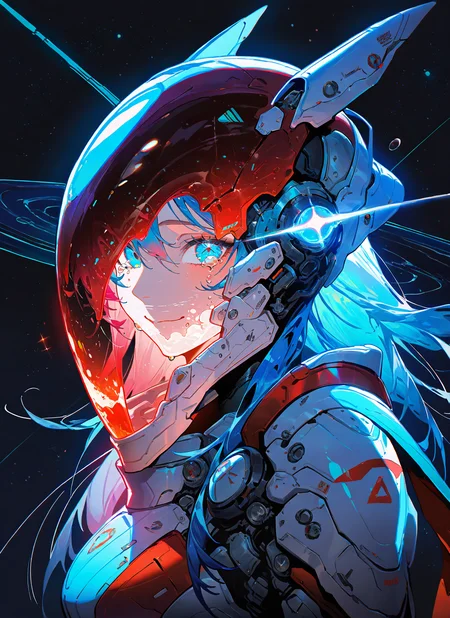 masterpiece, best quality, newest, absurdres, highres, painting, mcnm, 1girl, pink hair, red helmet, blue hair, armor, soft glow, smile, tears, looking at viewer, space, detailed, <lora:Mechanism-Illustious:1.0>